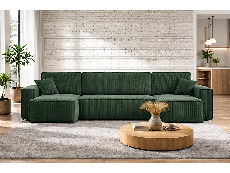 Canapé d’angle en U CARLOS U convertible – Vert bouteille, grand format, fonction couchage, coffre de rangement XXL, angle universel gauche/droite, confort familial