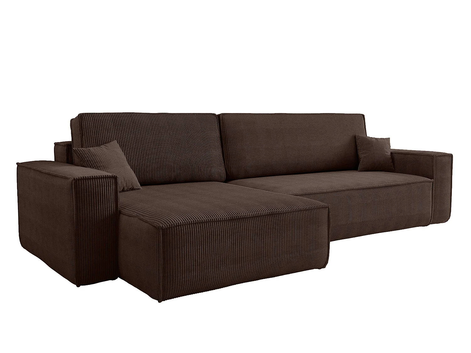 Canapé d’angle convertible réversible CARLOS XL – Velours côtelé brun chocolat, grand coffre, fonction couchage, montage universel