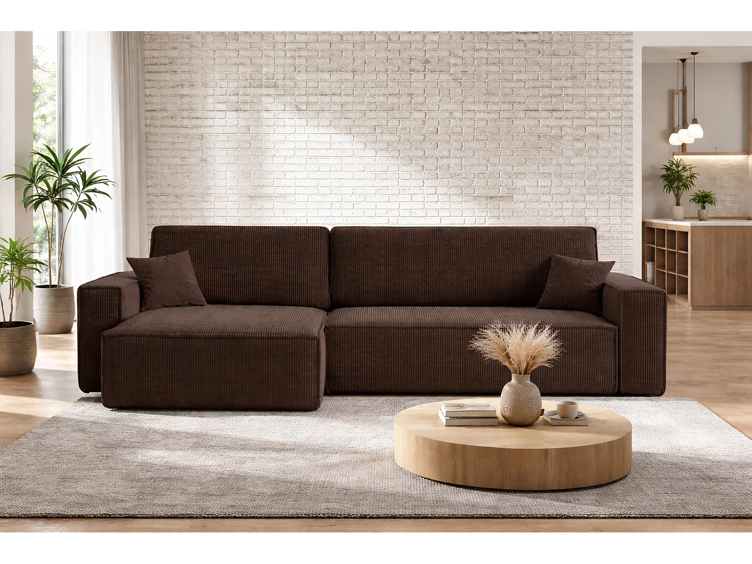 Canapé d’angle convertible réversible CARLOS XL – Velours côtelé brun chocolat, grand coffre, fonction couchage, montage universel