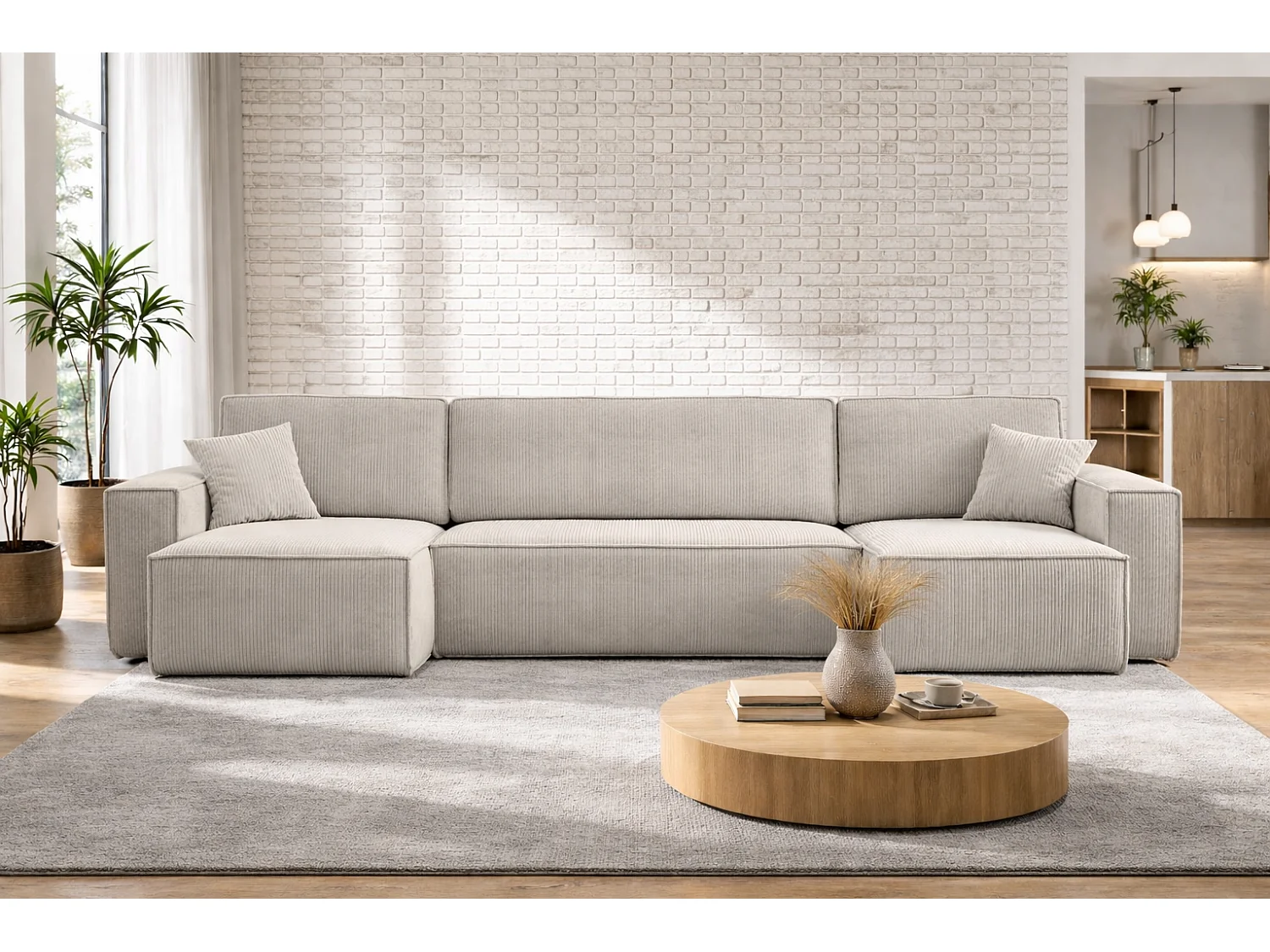 Canapé d’angle en U CARLOS U convertible – Blanc, grand format, fonction couchage, coffre de rangement XXL, angle universel gauche/droite, confort familial