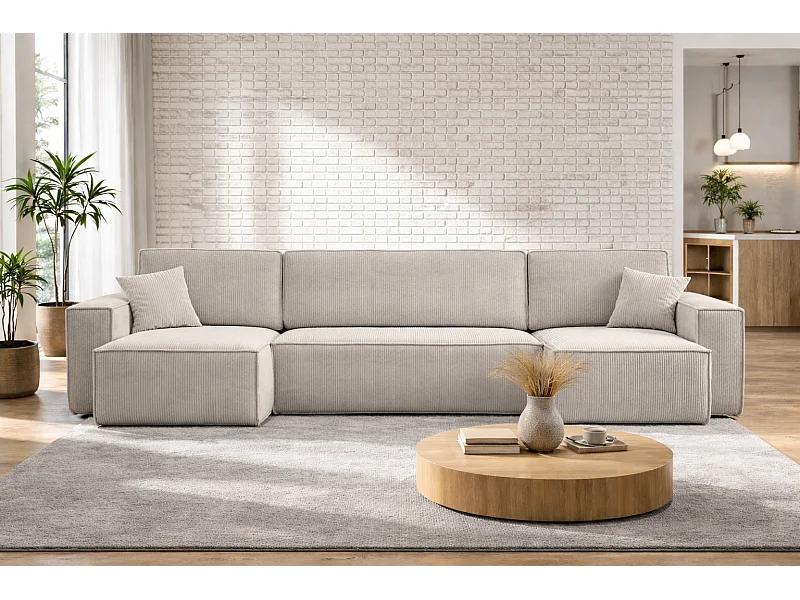 Canapé d’angle en U CARLOS U convertible – Blanc, grand format, fonction couchage, coffre de rangement XXL, angle universel gauche/droite, confort familial