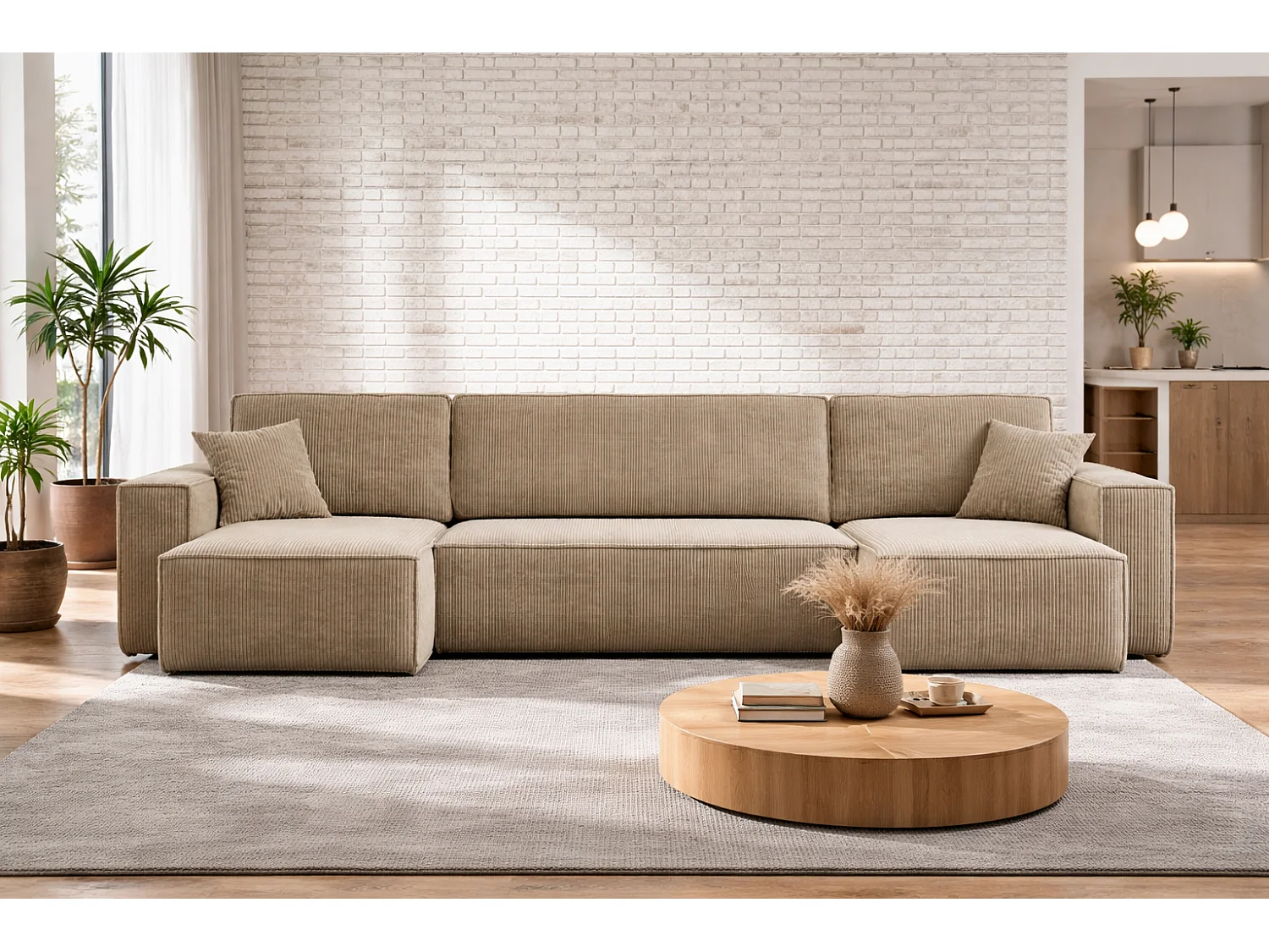 Canapé d’angle en U CARLOS U convertible – Beige, grand format, fonction couchage, coffre de rangement XXL, angle universel gauche/droite, confort familial