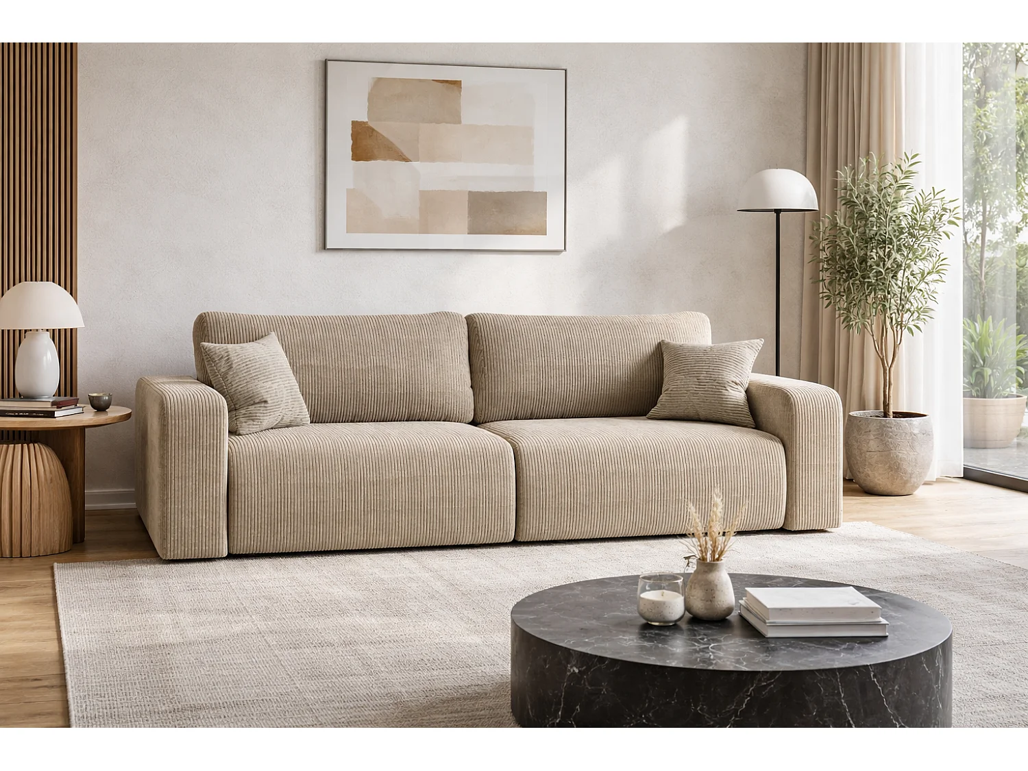 Canapé PIANIOO convertible avec coffre de rangement – Beige élégant, idéal pour le salon, confort maximal, qualité VINOTTI