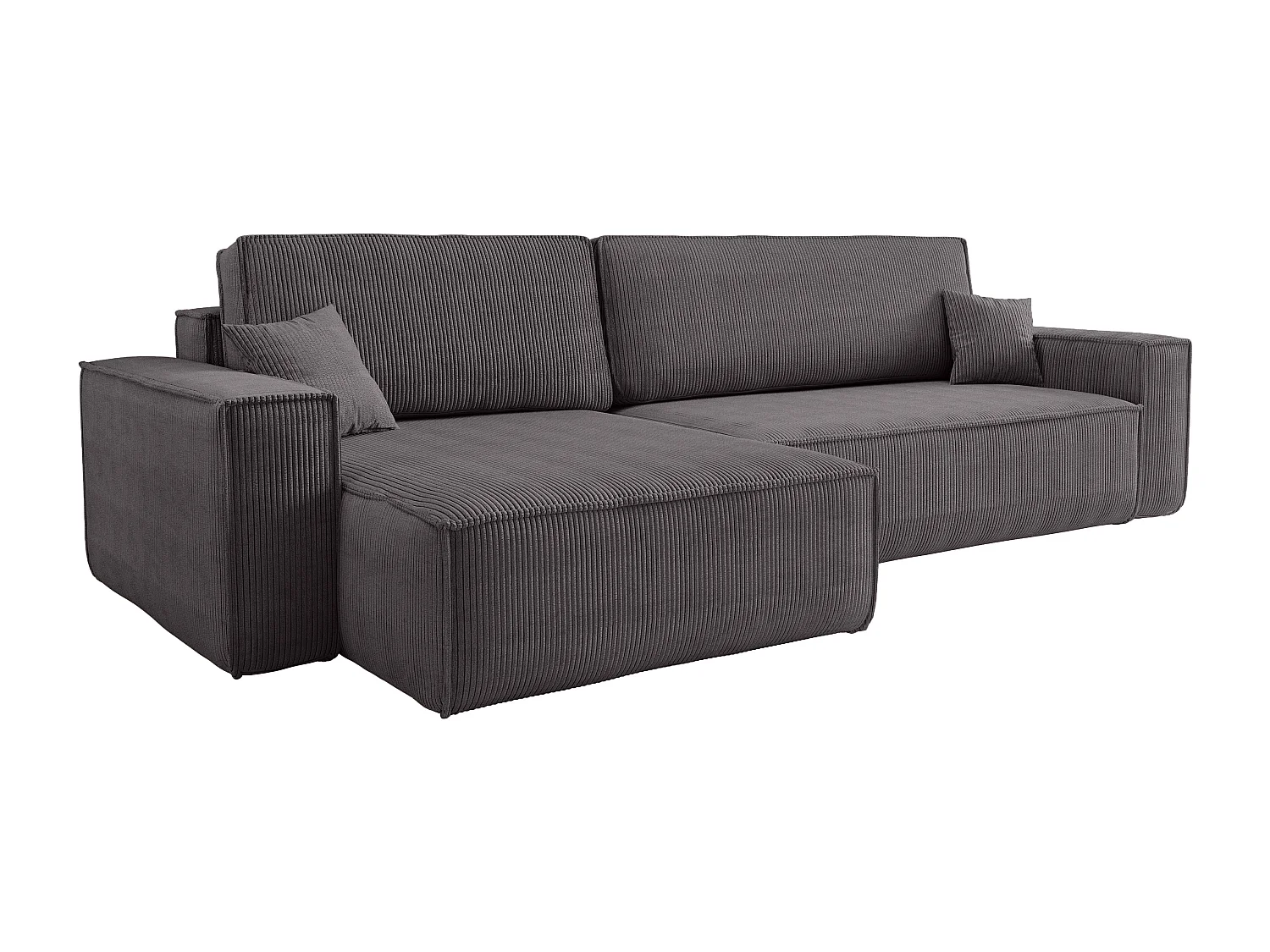 Canapé d’angle convertible réversible CARLOS XL – Velours côtelé gris, grand coffre, fonction couchage, montage universel