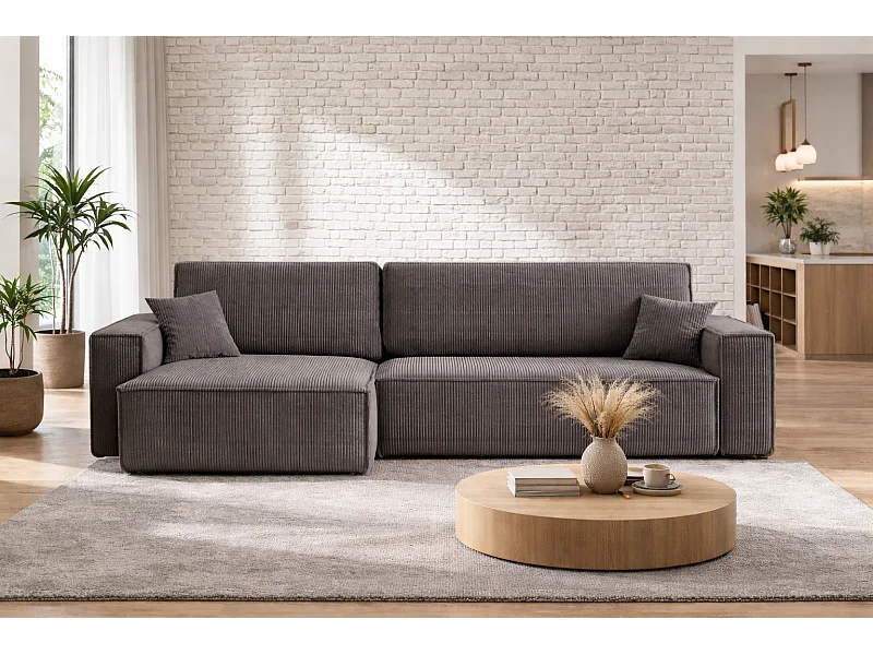 Canapé d’angle convertible réversible CARLOS XL – Velours côtelé gris, grand coffre, fonction couchage, montage universel