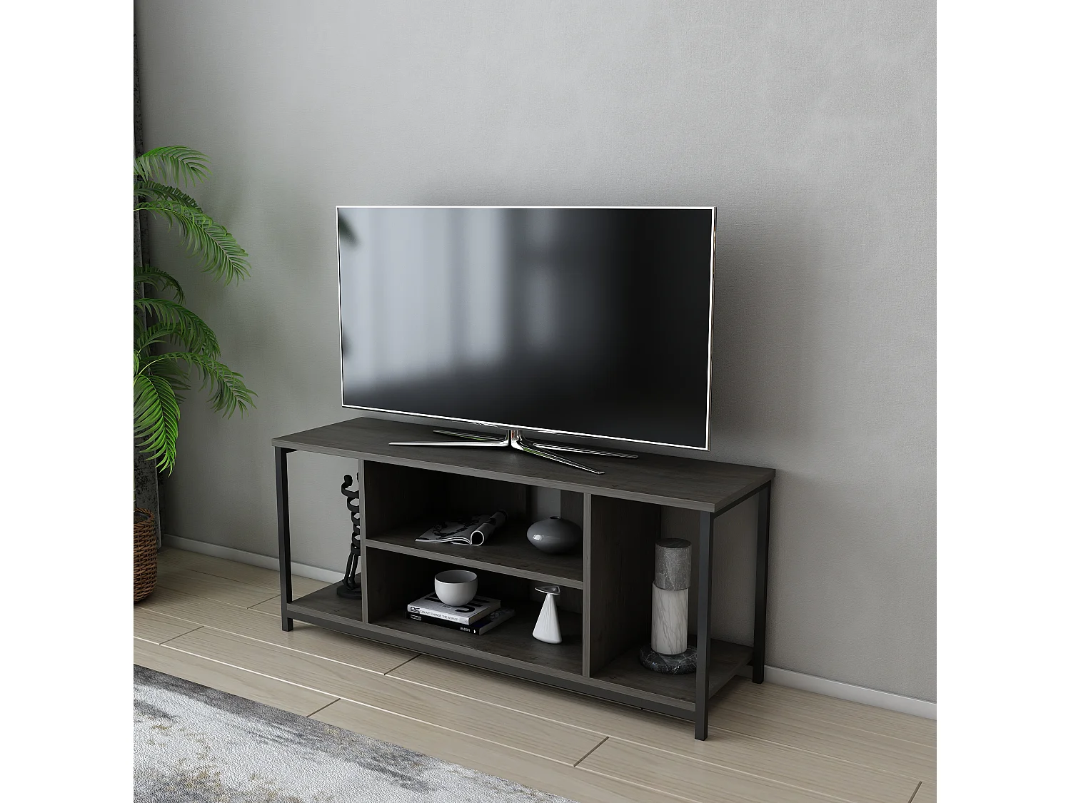 Meuble TV Rinaldo de 120 cm avec niches - cadre en métal (Noir et Wenge)