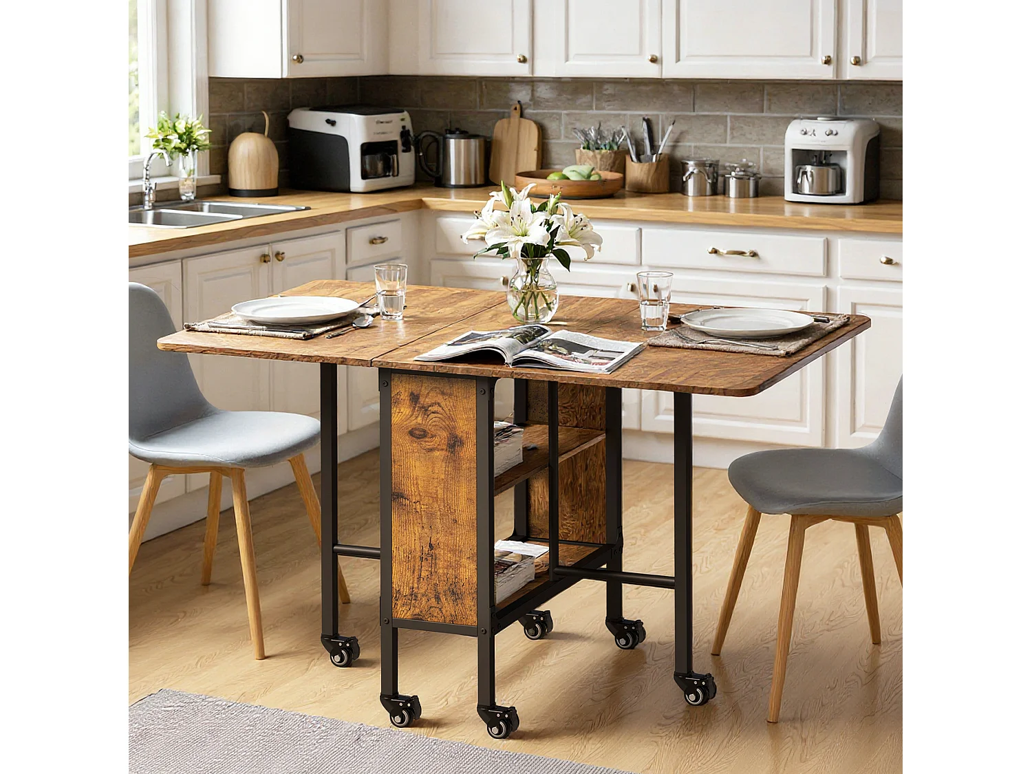 Bealife Table à Manger Mobile et Pliable Naturel foncé 3 en 1 130×80×74, Pliable des Deux Côtés, Gain de Place, Multifonction