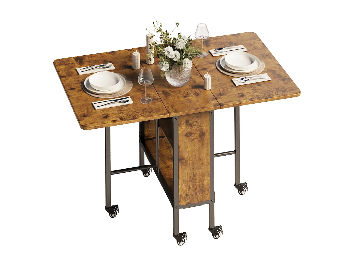 Bealife Table à Manger Mobile et Pliable Naturel foncé 3 en 1 130×80×74, Pliable des Deux Côtés, Gain de Place, Multifonction