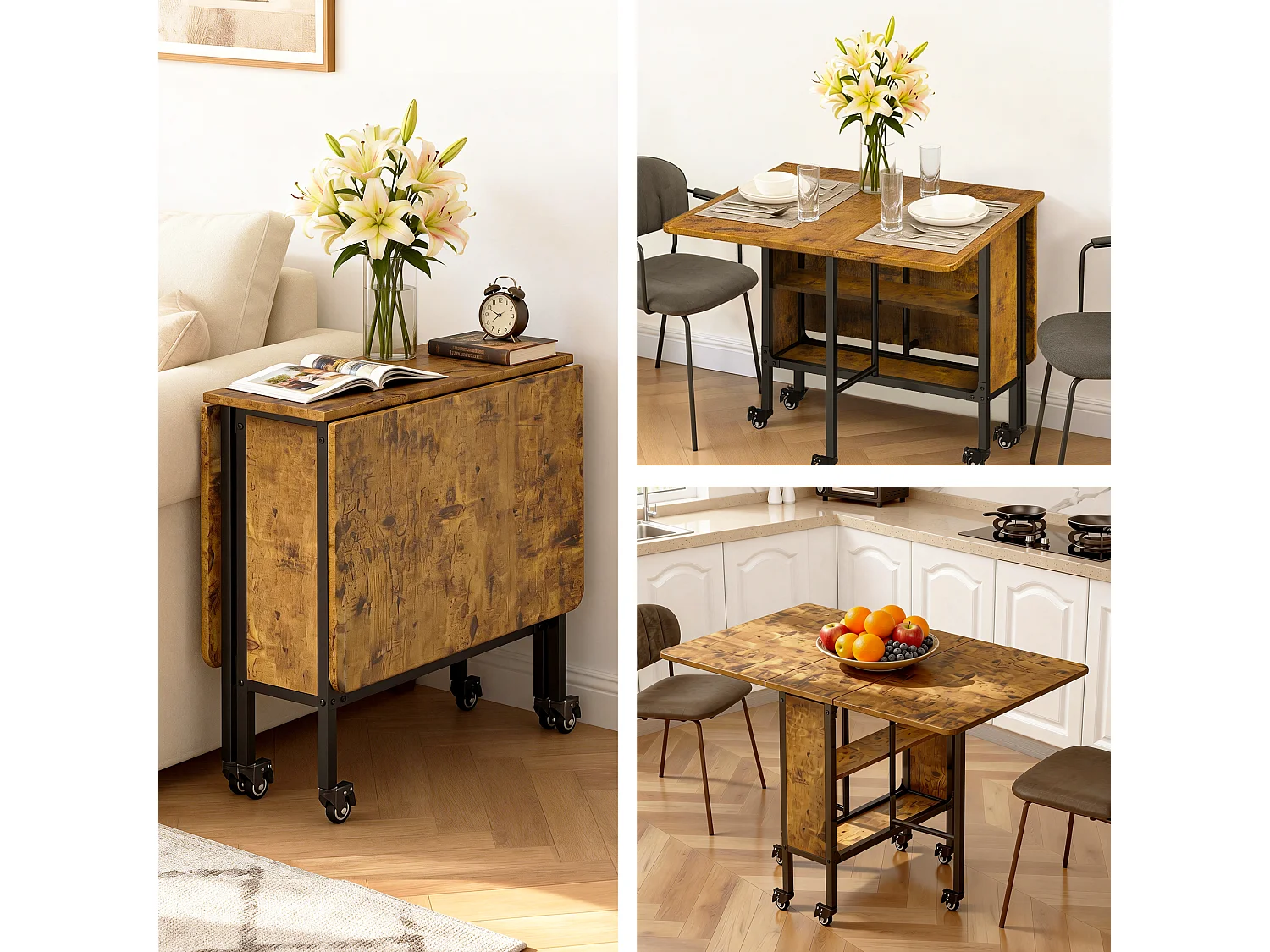 Bealife Table à Manger Mobile et Pliable Naturel foncé 3 en 1 130×80×74, Pliable des Deux Côtés, Gain de Place, Multifonction