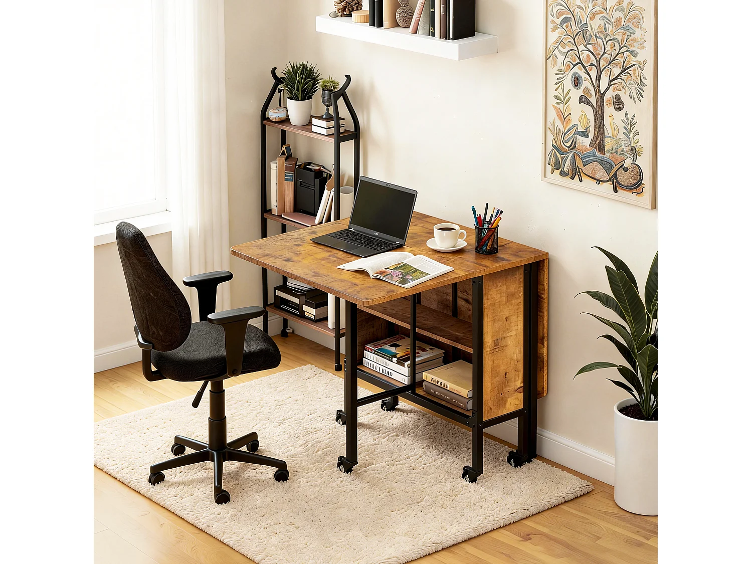 Bealife Table à Manger Mobile et Pliable Naturel foncé 3 en 1 130×80×74, Pliable des Deux Côtés, Gain de Place, Multifonction