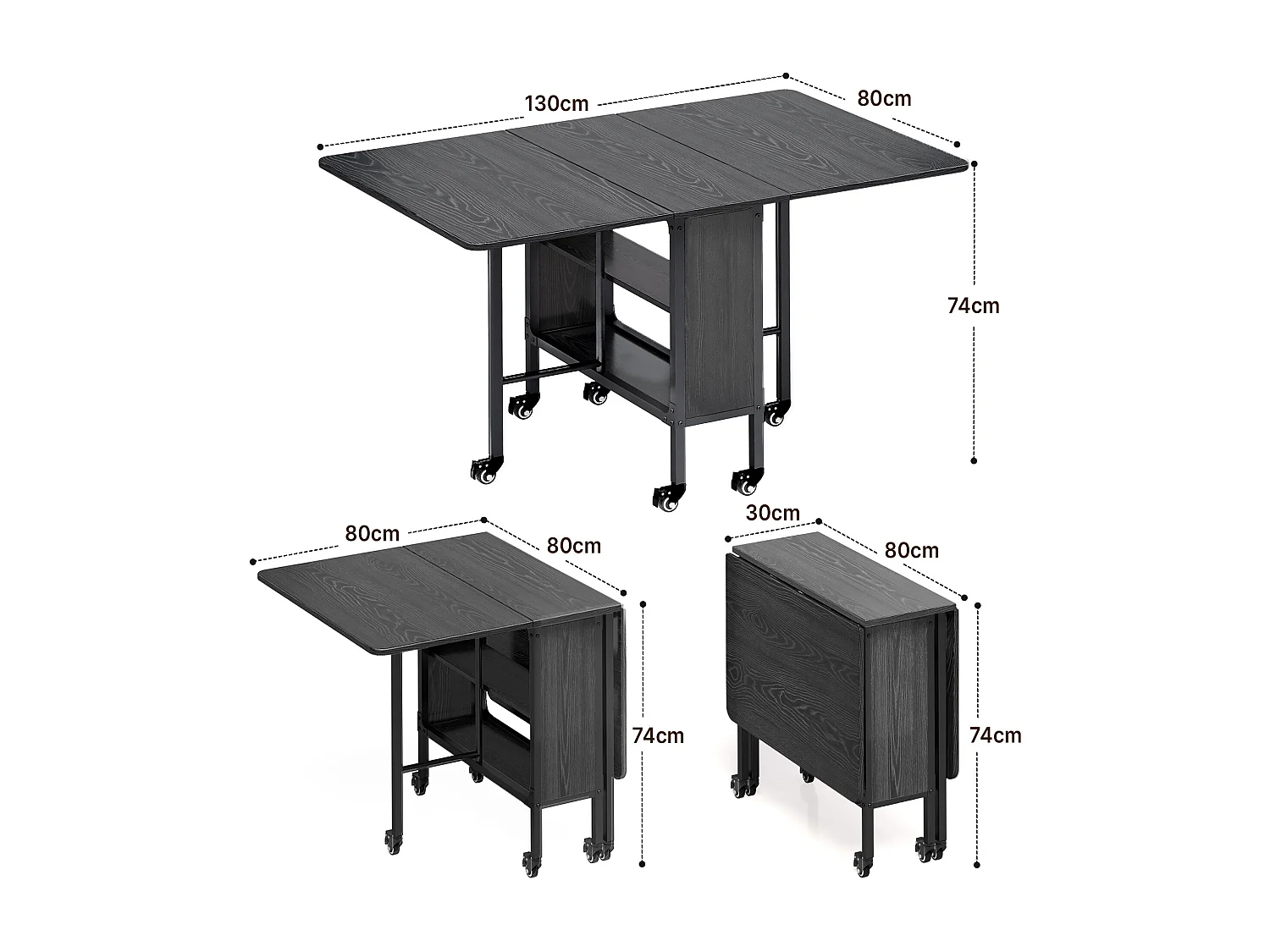 Bealife Table à Manger Mobile et Pliable 3 en 1 Pliable des Deux Côtés 130×80×74cm Gain de Place Multifonction