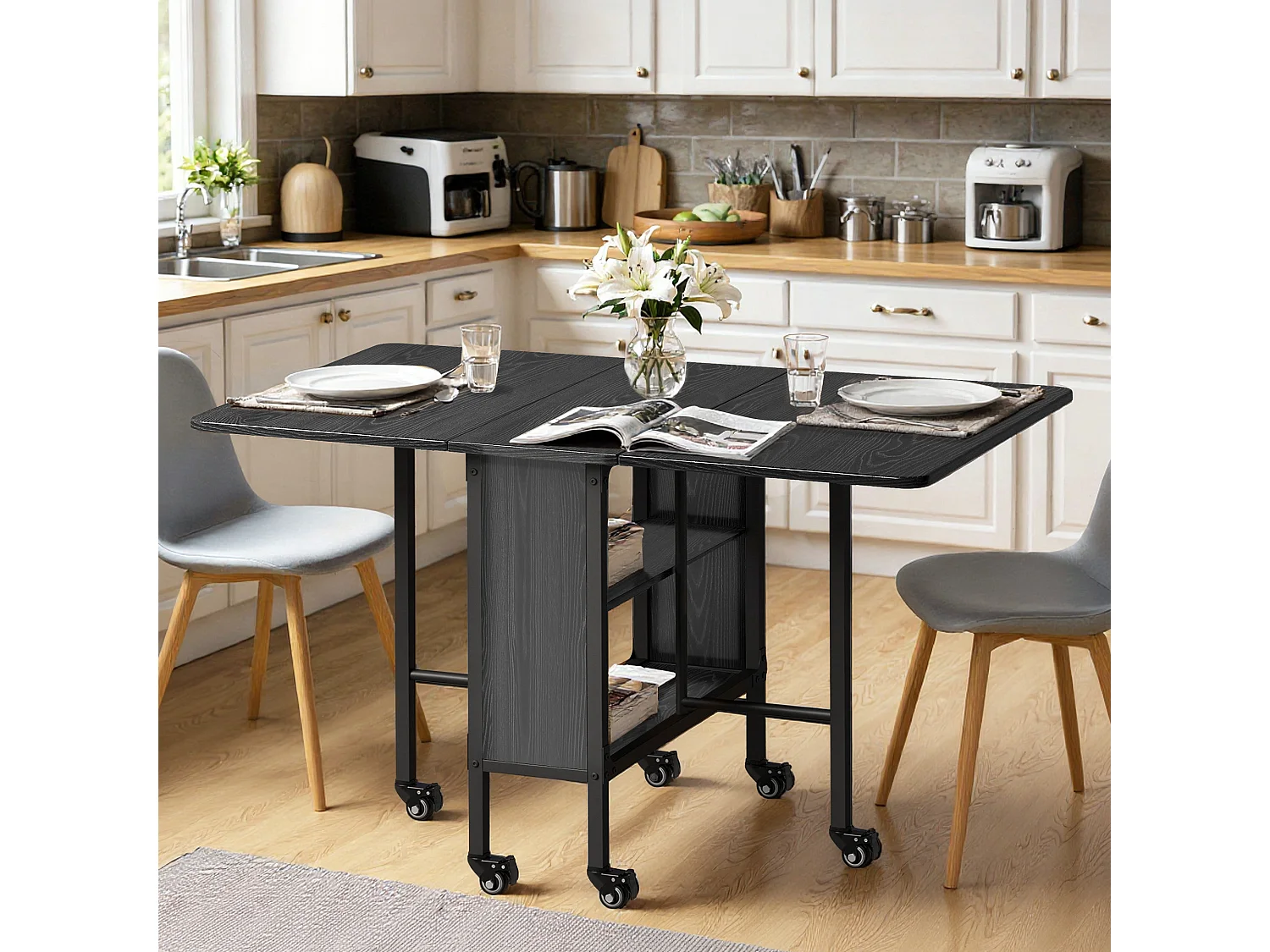 Bealife Table à Manger Mobile et Pliable 3 en 1 Pliable des Deux Côtés 130×80×74cm Gain de Place Multifonction