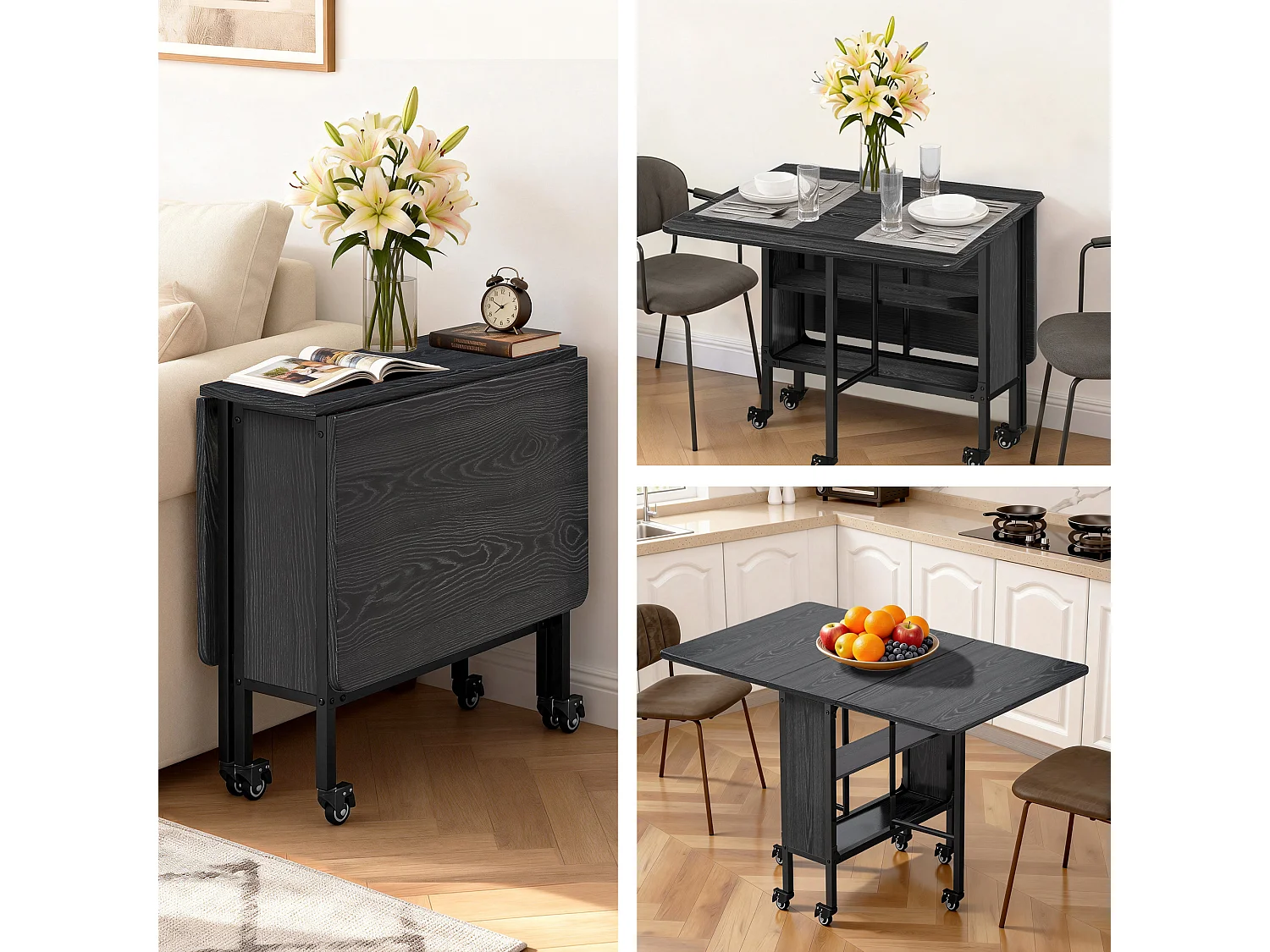 Bealife Table à Manger Mobile et Pliable 3 en 1 Pliable des Deux Côtés 130×80×74cm Gain de Place Multifonction