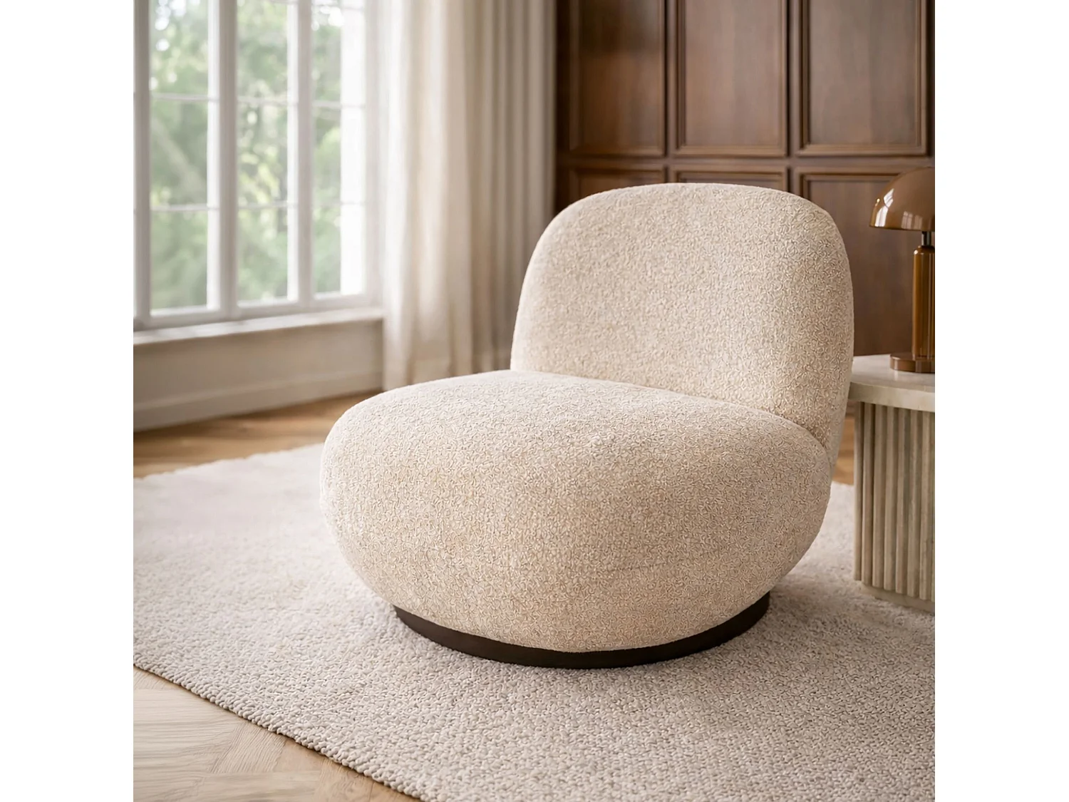 Now's Home - Fauteuil Pivotant En Tissu Chenille Beige 81x95x74cm  Marlo