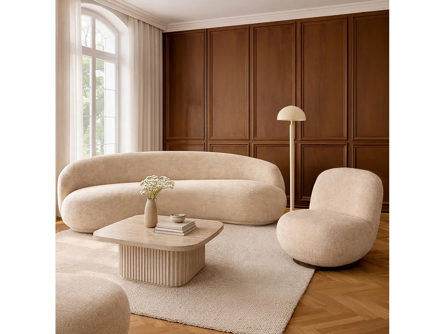 Now's Home - Fauteuil Pivotant En Tissu Chenille Beige 81x95x74cm  Marlo