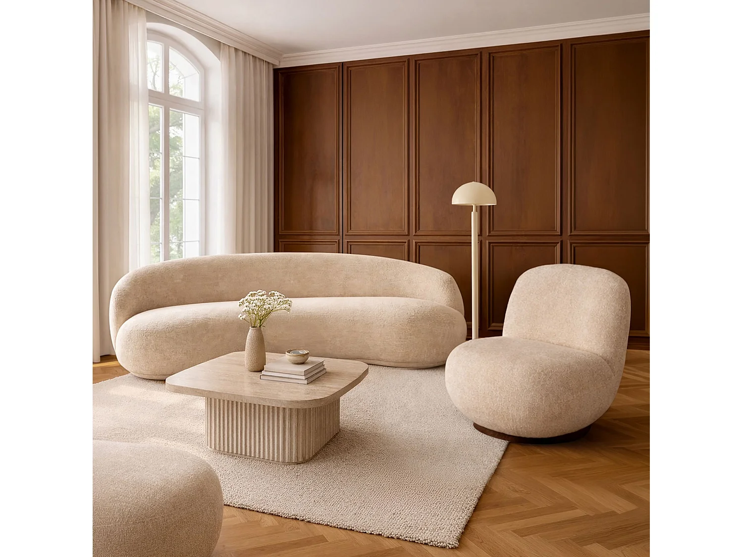 Now's Home - Fauteuil Pivotant En Tissu Chenille Beige 81x95x74cm  Marlo