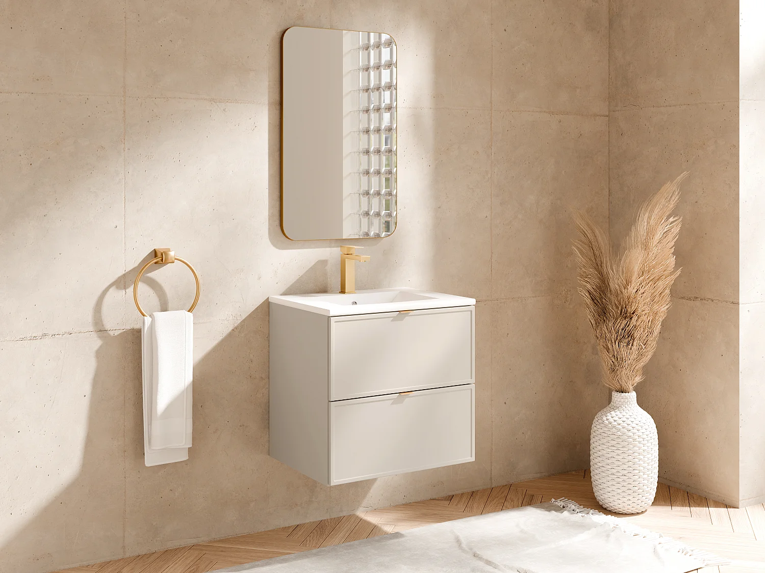 Meuble de salle de bain suspendu avec vasque à encastrer - Beige - 60 cm - ONDIL