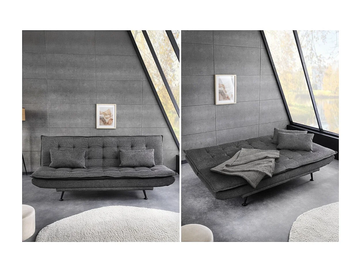 Canapé droit convertible SERENO gris foncé – Canapé-lit 3 places en tissu texturé