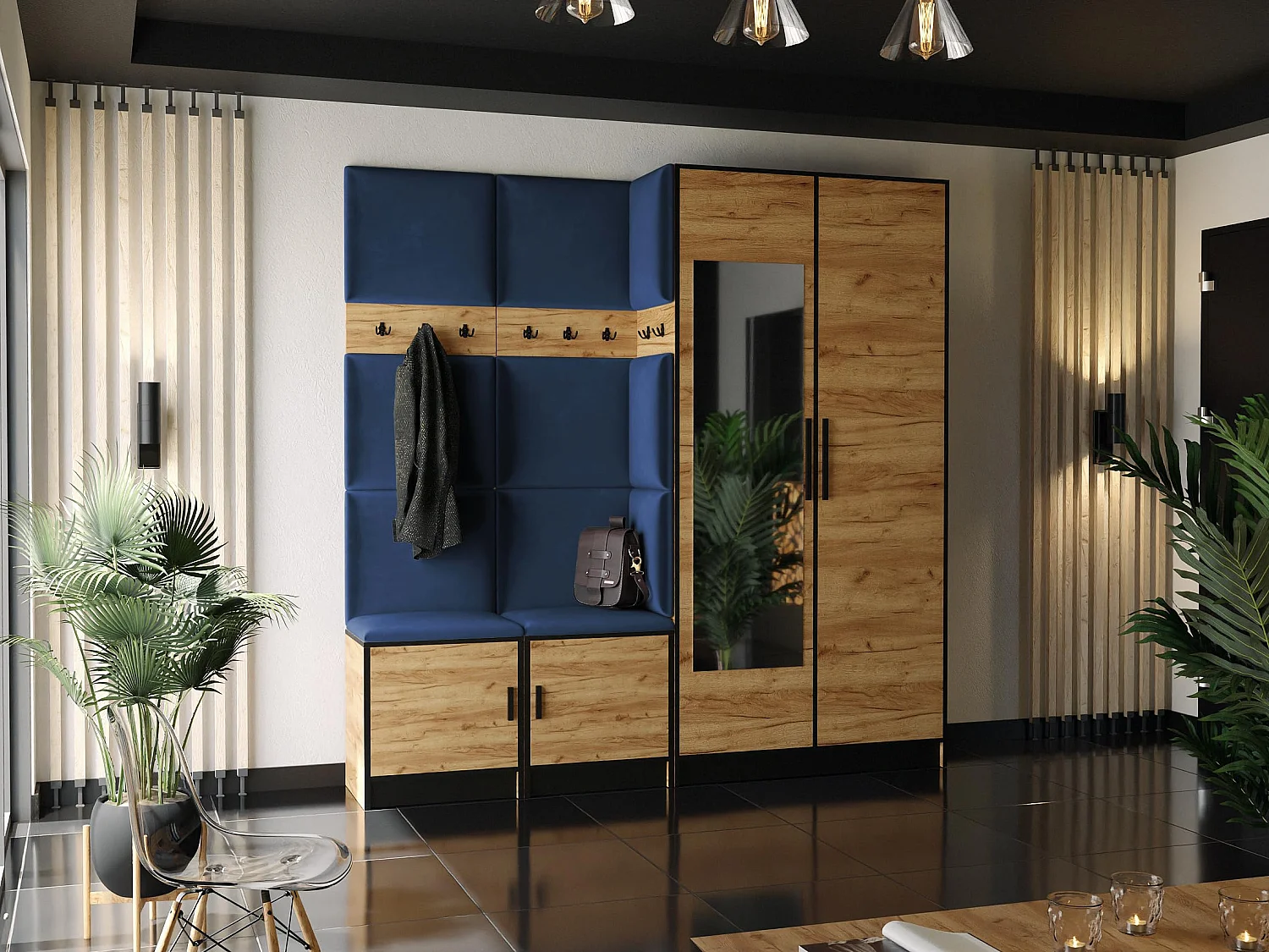 Garderoba ROJ 21 Dąb Craft Złoty + Niebieski