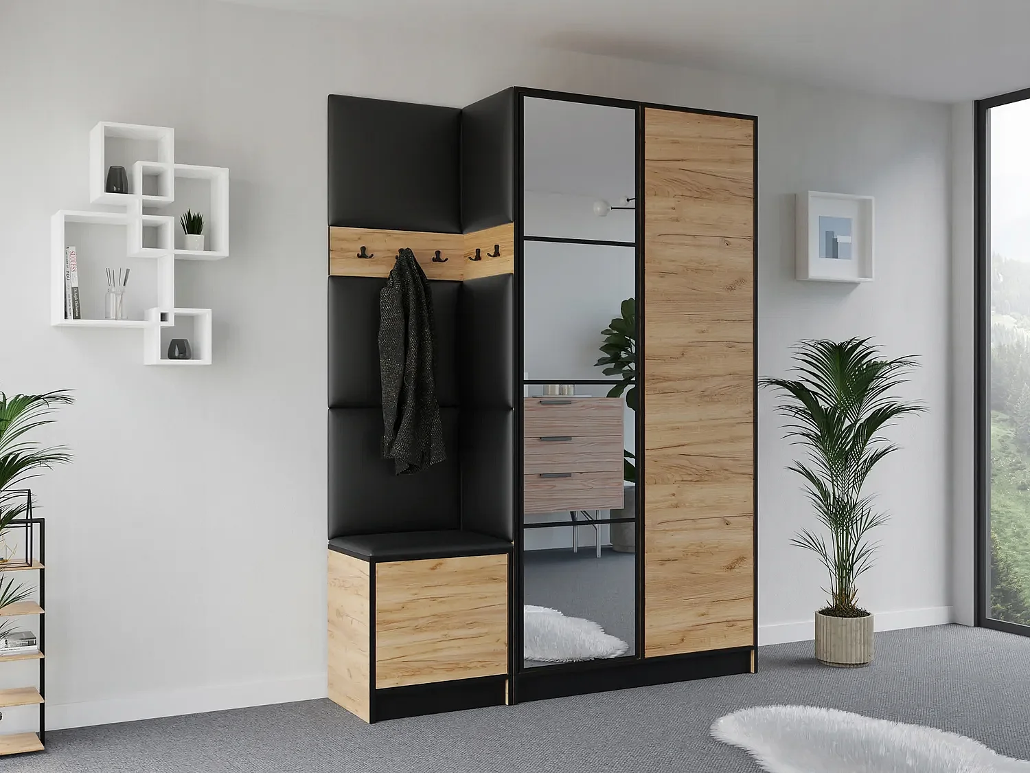 Garderobe EDEN 13 – Eiche Craft Gold + Schwarzes Kunstleder