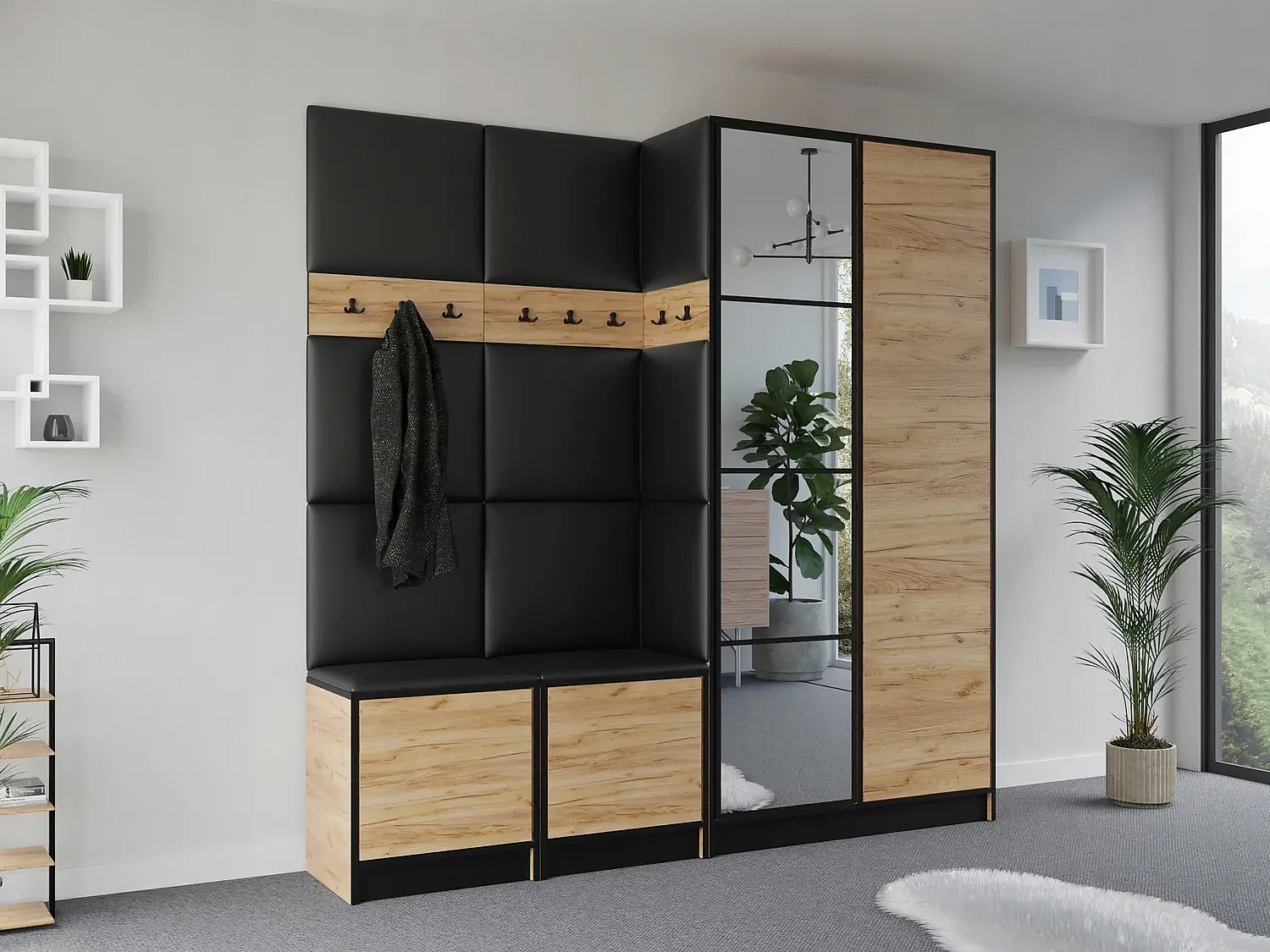 Garderoba EDEN 21  Dąb Craft Złoty + Ekoskóra Czarna