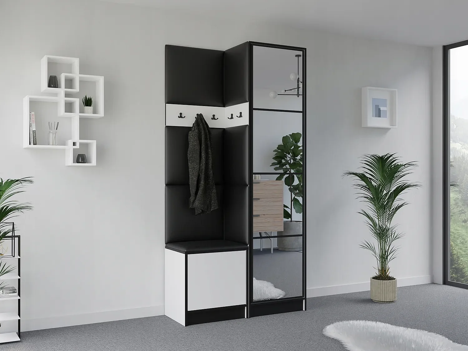 Garderobe EDEN 11 – Weiß + Schwarzes Kunstleder