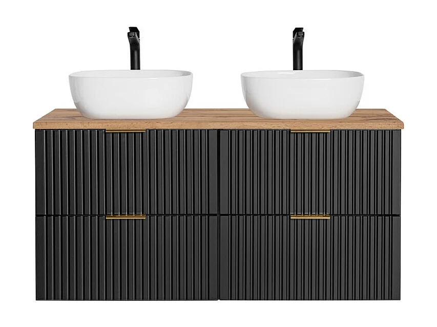 Ensemble meuble sous vasque NOXERA 140 cm – Noir mat et chêne – 2 meubles + 2 niches + plan pour vasque