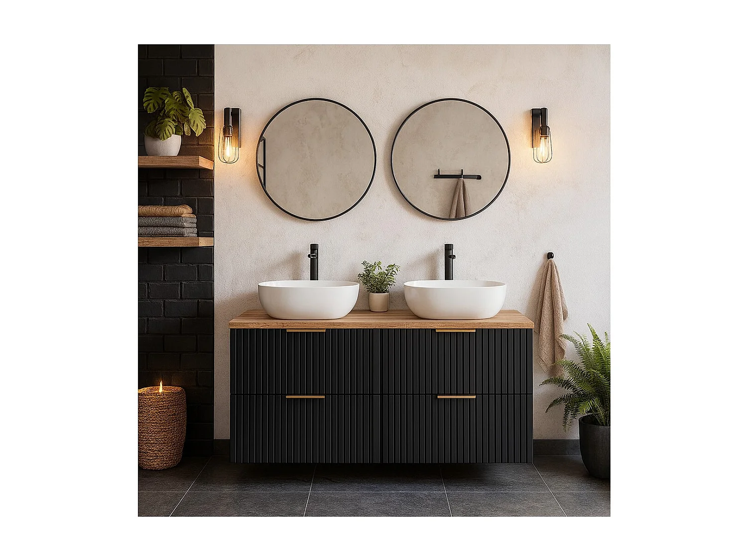 Ensemble meuble sous vasque NOXERA 140 cm – Noir mat et chêne – 2 meubles + 2 niches + plan pour vasque