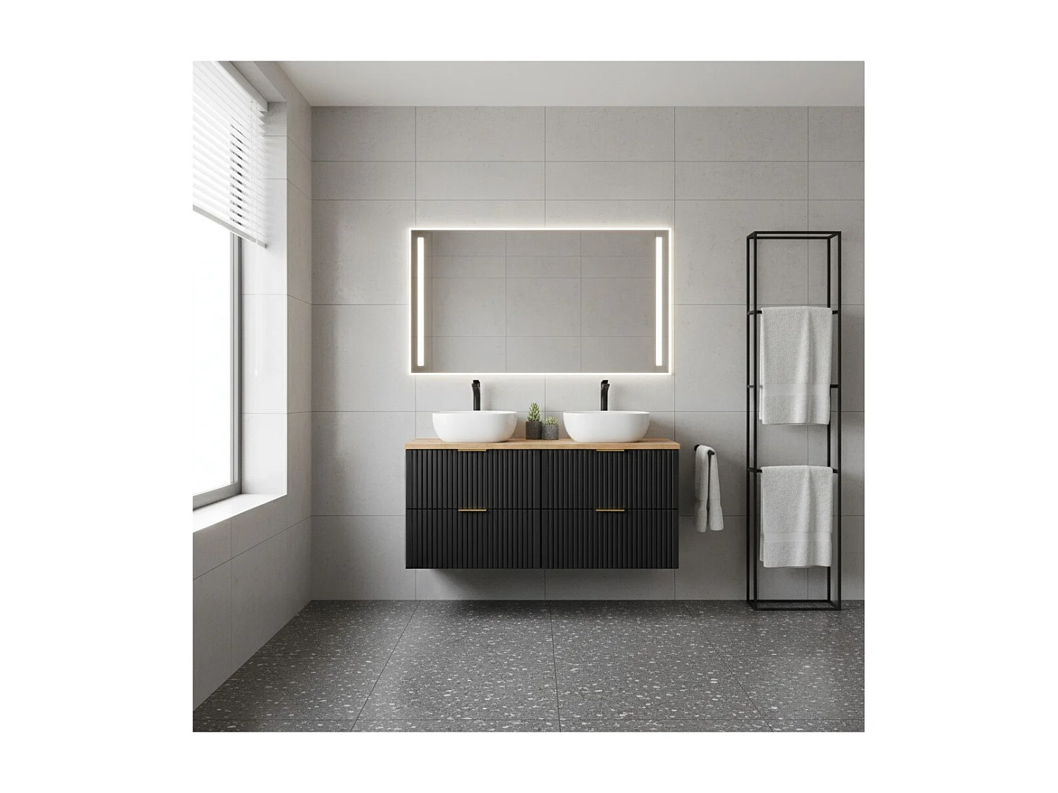 Ensemble meuble sous vasque NOXERA 140 cm – Noir mat et chêne – 2 meubles + 2 niches + plan pour vasque