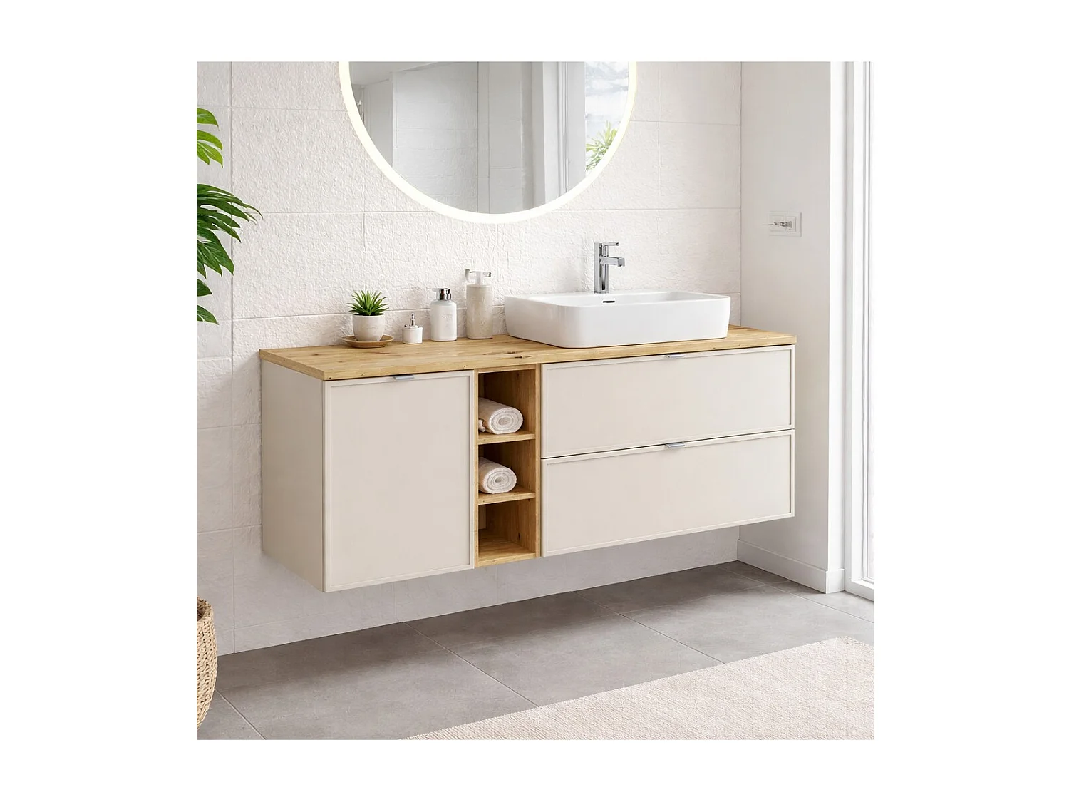 Ensemble BRAZZA : meubles sous vasque à tiroirs 140cm avec panier à linge et niches visibles + plan pour vasque + vasque à poser