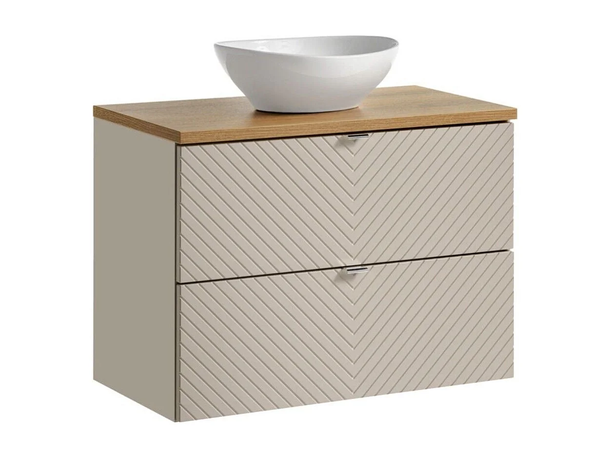 Ensemble AOKI : meuble sous vasque à tiroirs 80cm + plan vasque chêne + vasque ronde blanche à poser