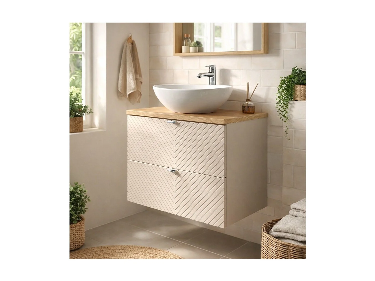 Ensemble AOKI : meuble sous vasque à tiroirs 80cm + plan vasque chêne + vasque ronde blanche à poser