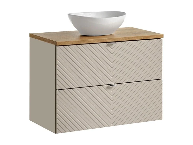 Ensemble AOKI : meuble sous vasque à tiroirs 80cm + plan vasque chêne + vasque ronde blanche à poser