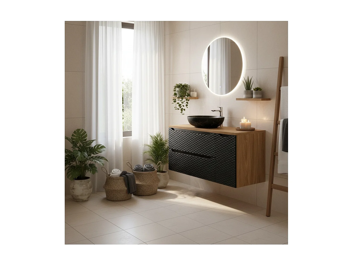 Ensemble de salle de bain YOKA noir : meubles sous vasque 120 cm + plan pour vasque + vasque à poser effet marblre noir et or