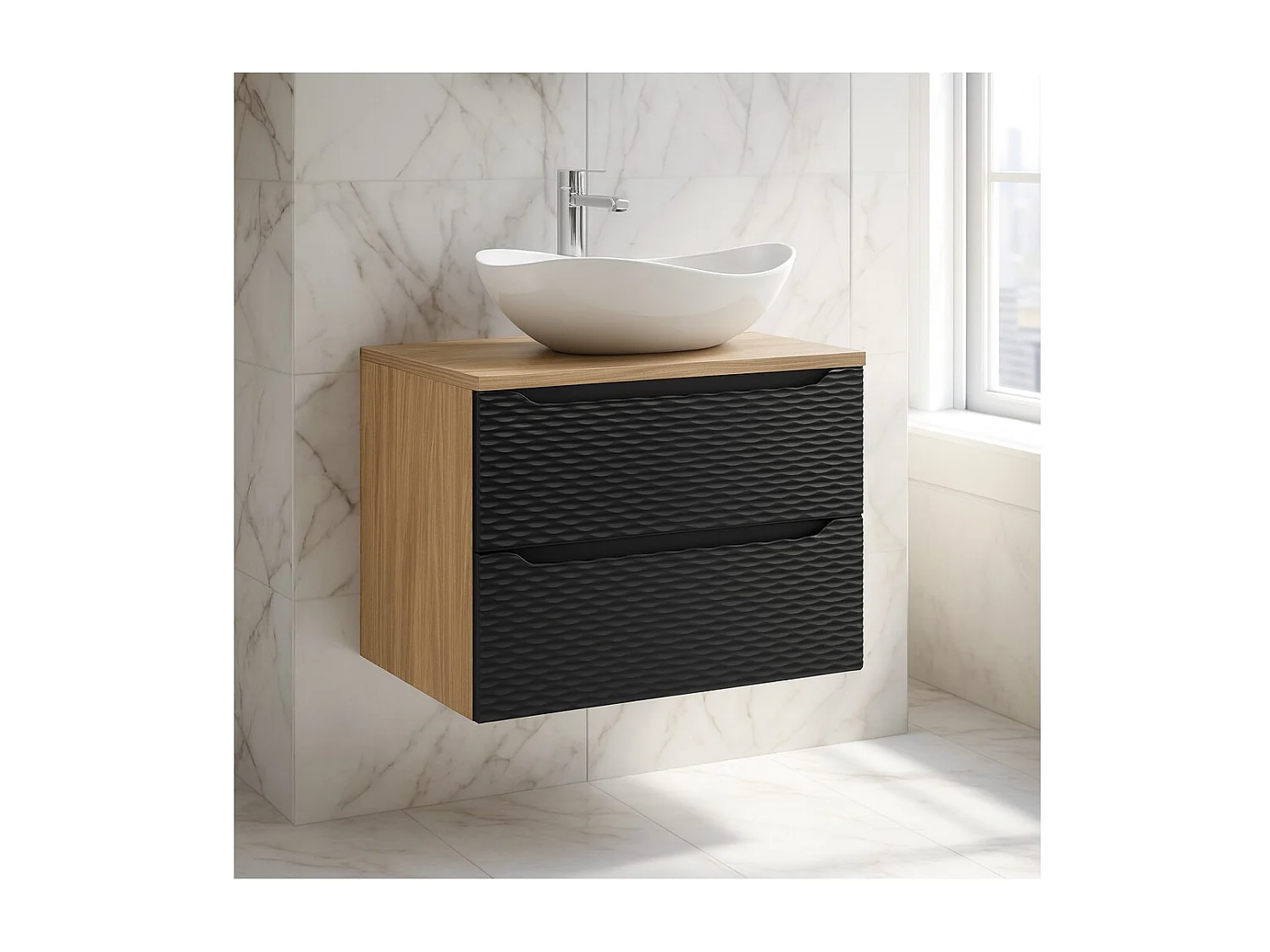 Set da bagno YOKA nero: mobile sotto lavabo con cassetti 70 cm + piano per lavabo + lavabo da appoggio