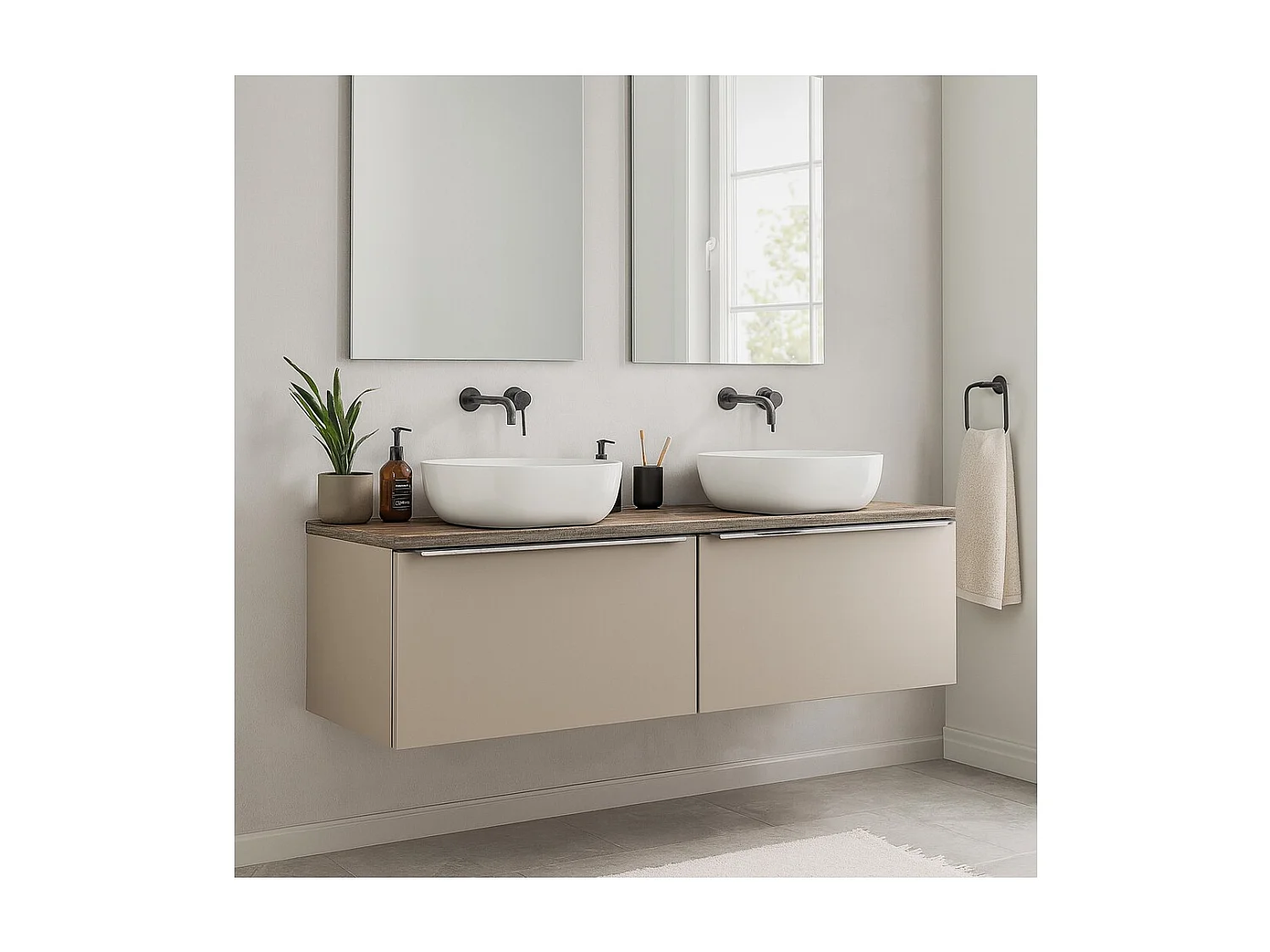 Ensemble de salle de bain VANTA taupe : meubles sous vasque 160cm + plan vasque + 2 vasques à poser