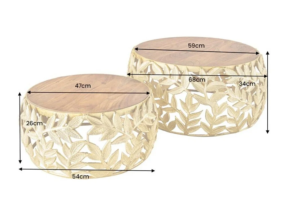 Lot van 2 gouden METRIX salontafels met bladmotief – Design salontafels van aluminium en acaciahout