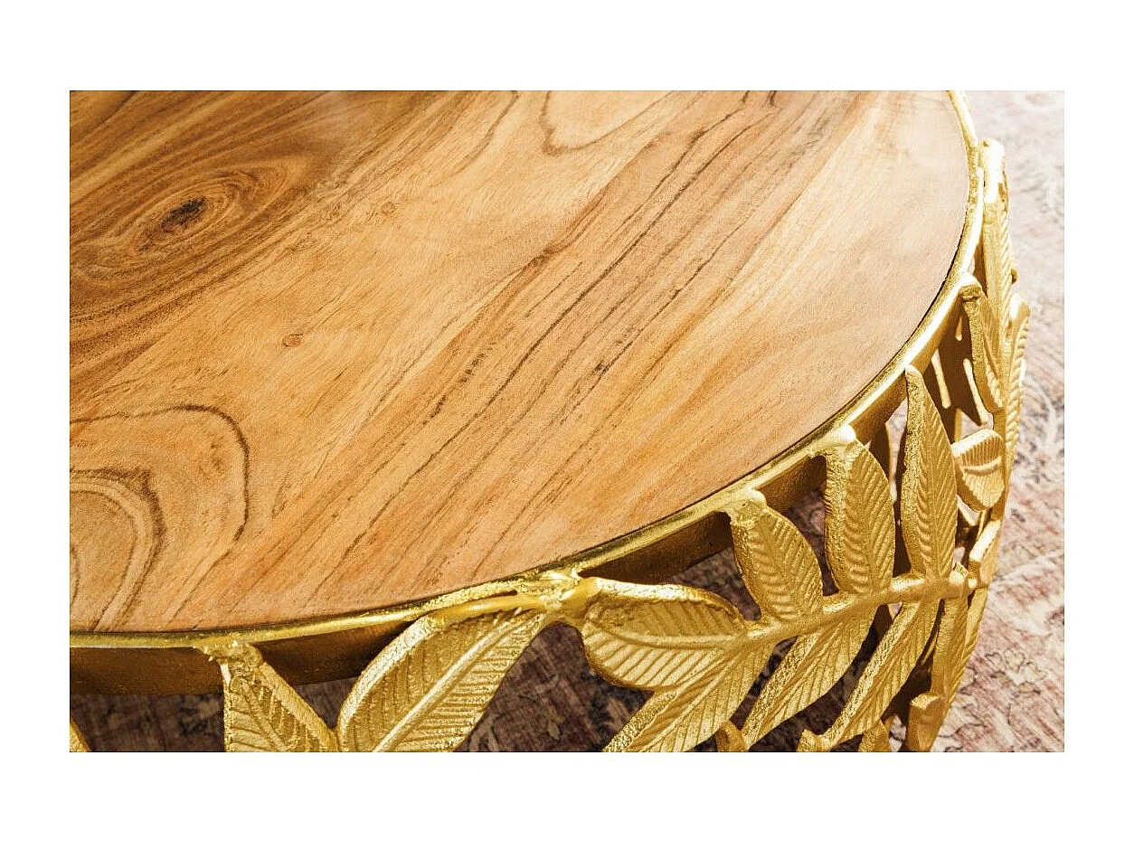 Lot van 2 gouden METRIX salontafels met bladmotief – Design salontafels van aluminium en acaciahout