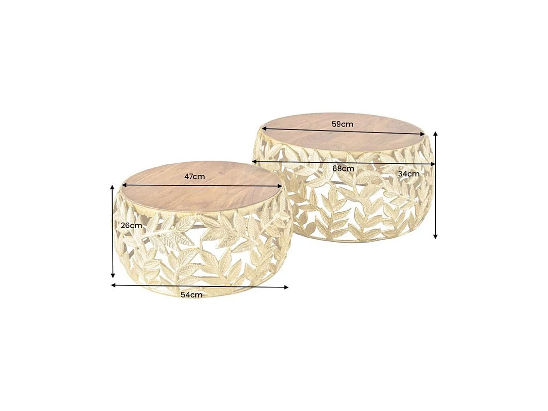 Lote de 2 mesas bajas METRIX doradas con motivo de follaje – Mesas bajas de diseño en aluminio y madera de acacia