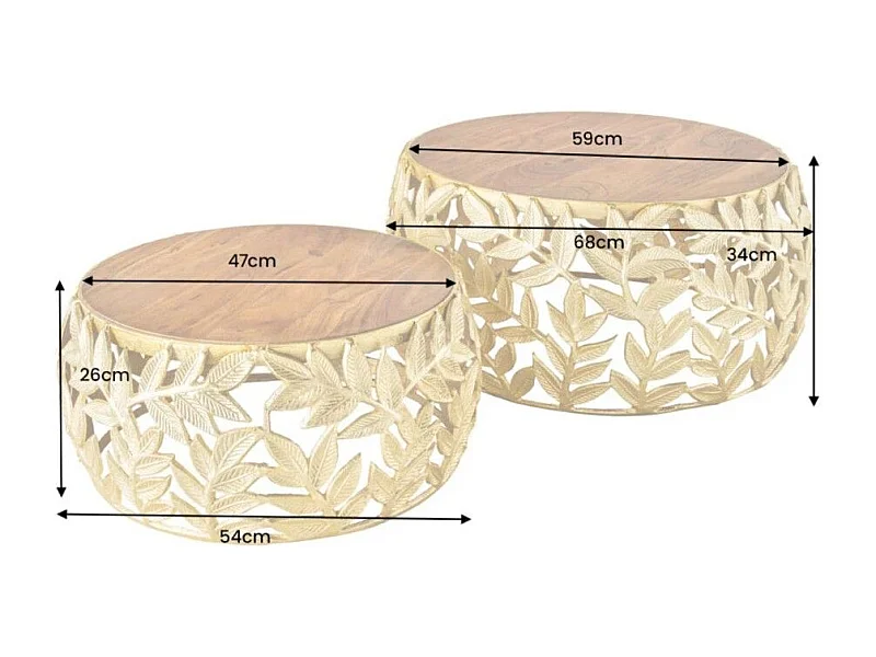 Lot van 2 gouden METRIX salontafels met bladmotief – Design salontafels van aluminium en acaciahout