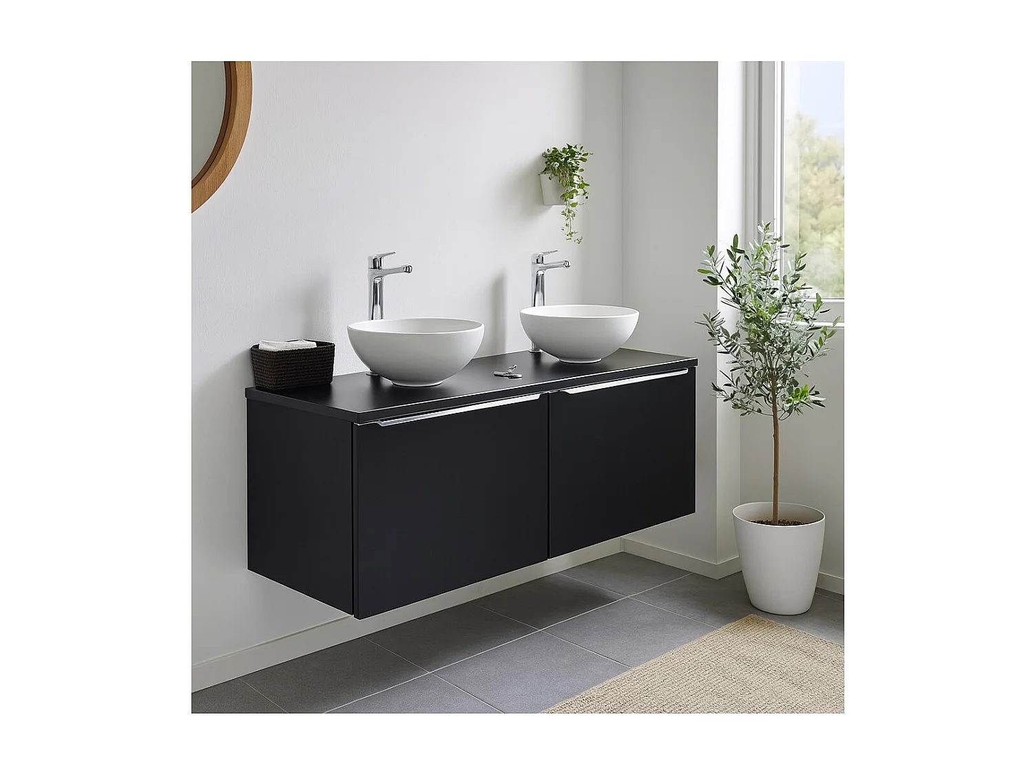 Ensemble de salle de bain VANTA : meubles sous vasque 120cm + plan pour vasque + 2 vasques blanches à poser