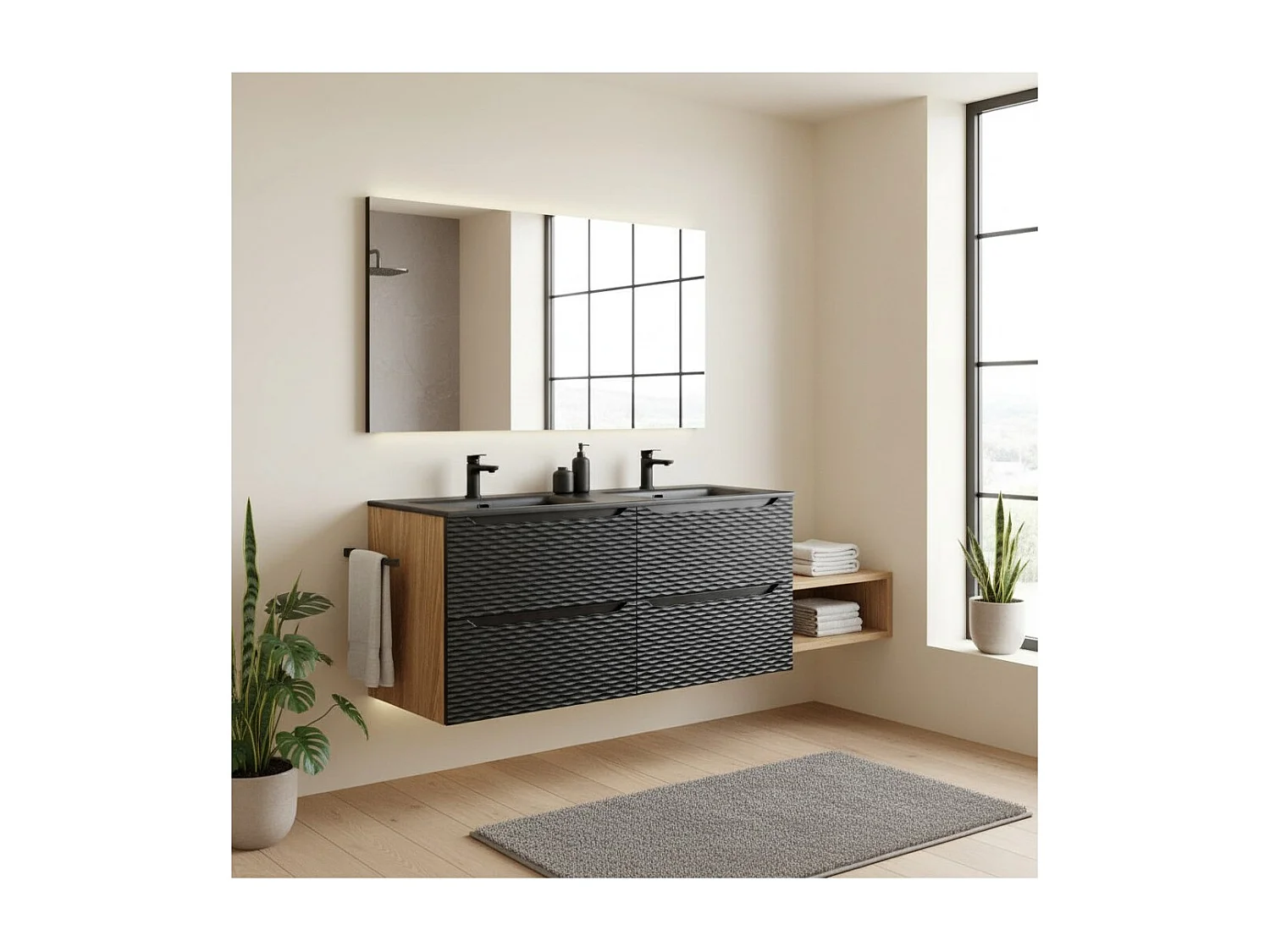 Ensemble de salle de bain YOKA noir : meubles sous vasque à tiroirs 120 cm + double vasques à encastrer noires