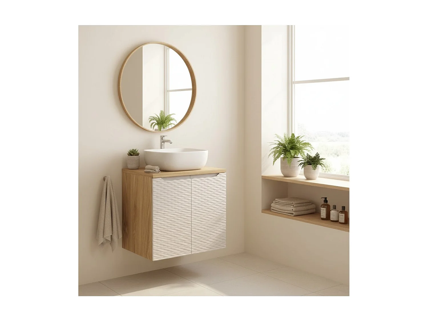 Ensemble de salle de bain YOKA beige : meuble sous vasque à placards 60 cm + plan vasque + vasque à poser