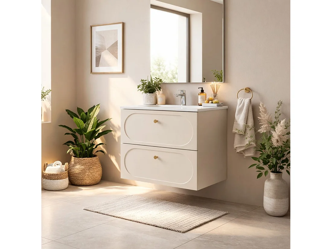 Ensemble de salle de bain TORNADO : meuble sous vasque 60cm beige + vasque à encastrer blanche