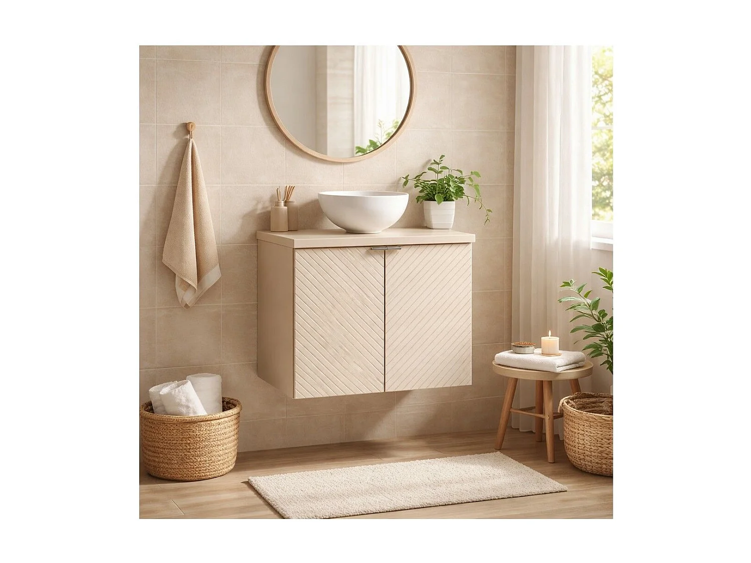 Ensemble de salle de bain AOKI : meuble sous vasque à placards 60cm + plan vasque beige + vasque blanche ronde à poser