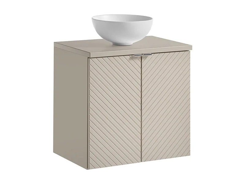 Ensemble de salle de bain AOKI : meuble sous vasque à placards 60cm + plan vasque beige + vasque blanche ronde à poser