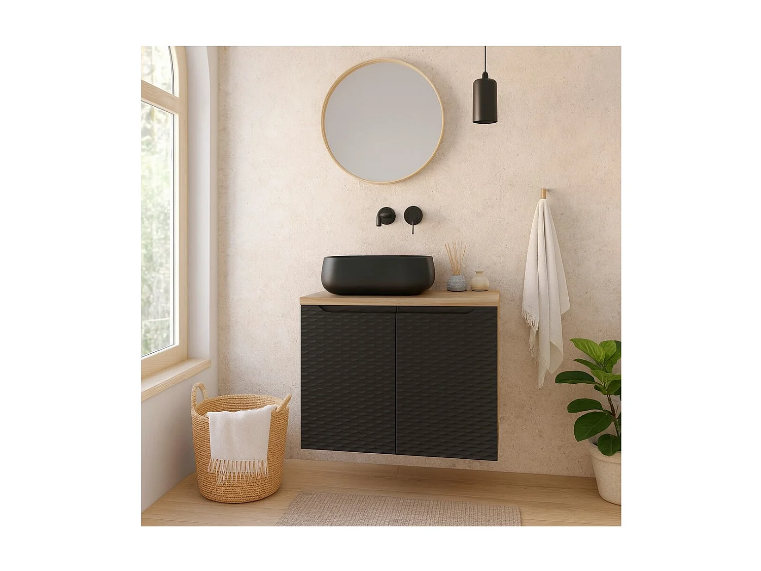 Ensemble de salle de bain YOKA noir : meuble sous vasque à placard 60cm + plan pour vasque + vasque à poser noire