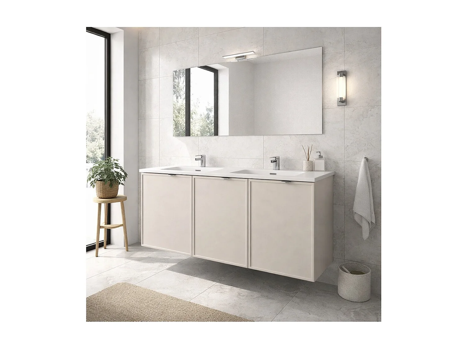 Ensemble de salle de bain BRAZZA : meuble sous vasque 120cm + double vasque encastrée blanche