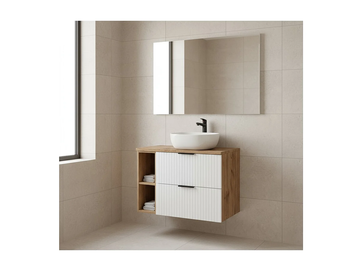 Ensemble de salle de bain NOXERA 80 cm – Meuble sous vasque suspendu avec 2 niches, plan pour vasque et vasque