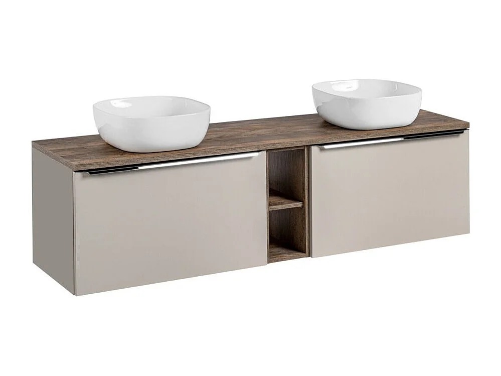 Ensemble de salle de bain VANTA taupe : meubles sous vasque 180cm + plan vasque + 2 vasques blanches à poser